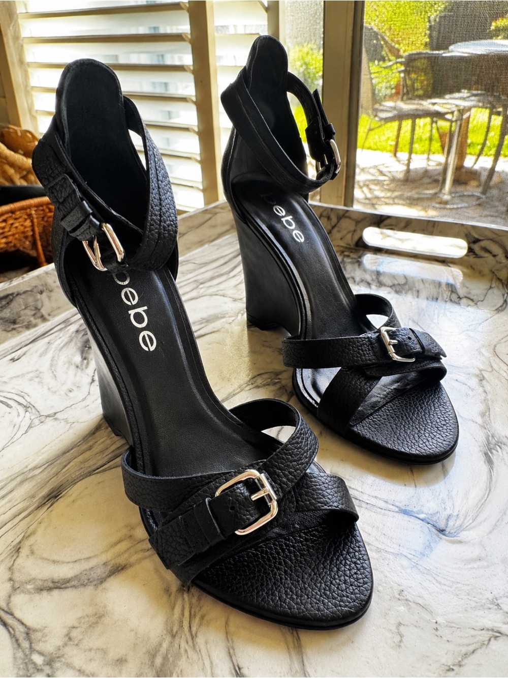 bebe Black Textured Leather Block Heel Sandals
